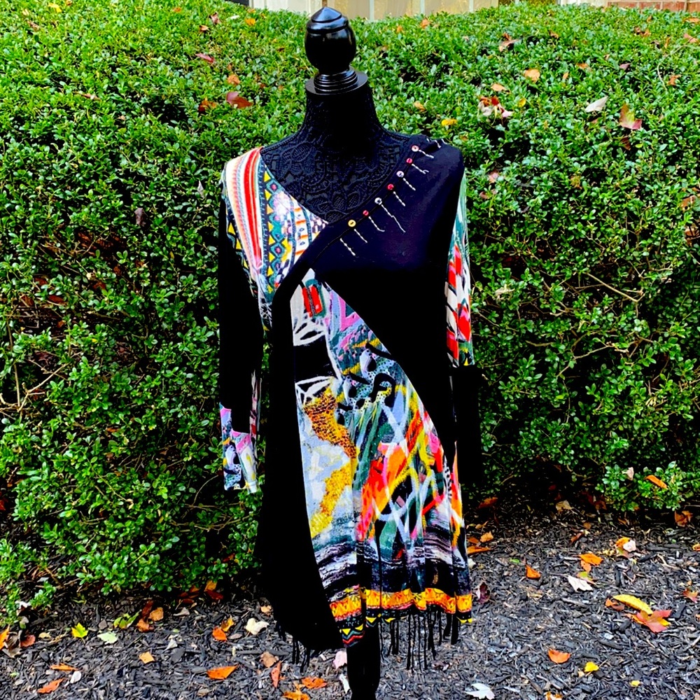 Black dress with vibrant print